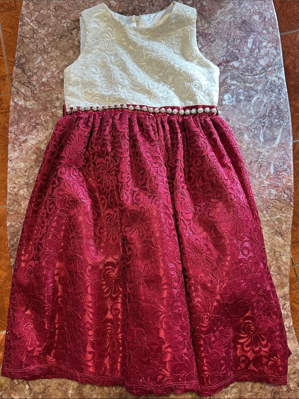 American Princess White Bodice Burgundy Lace Holiday Dress
